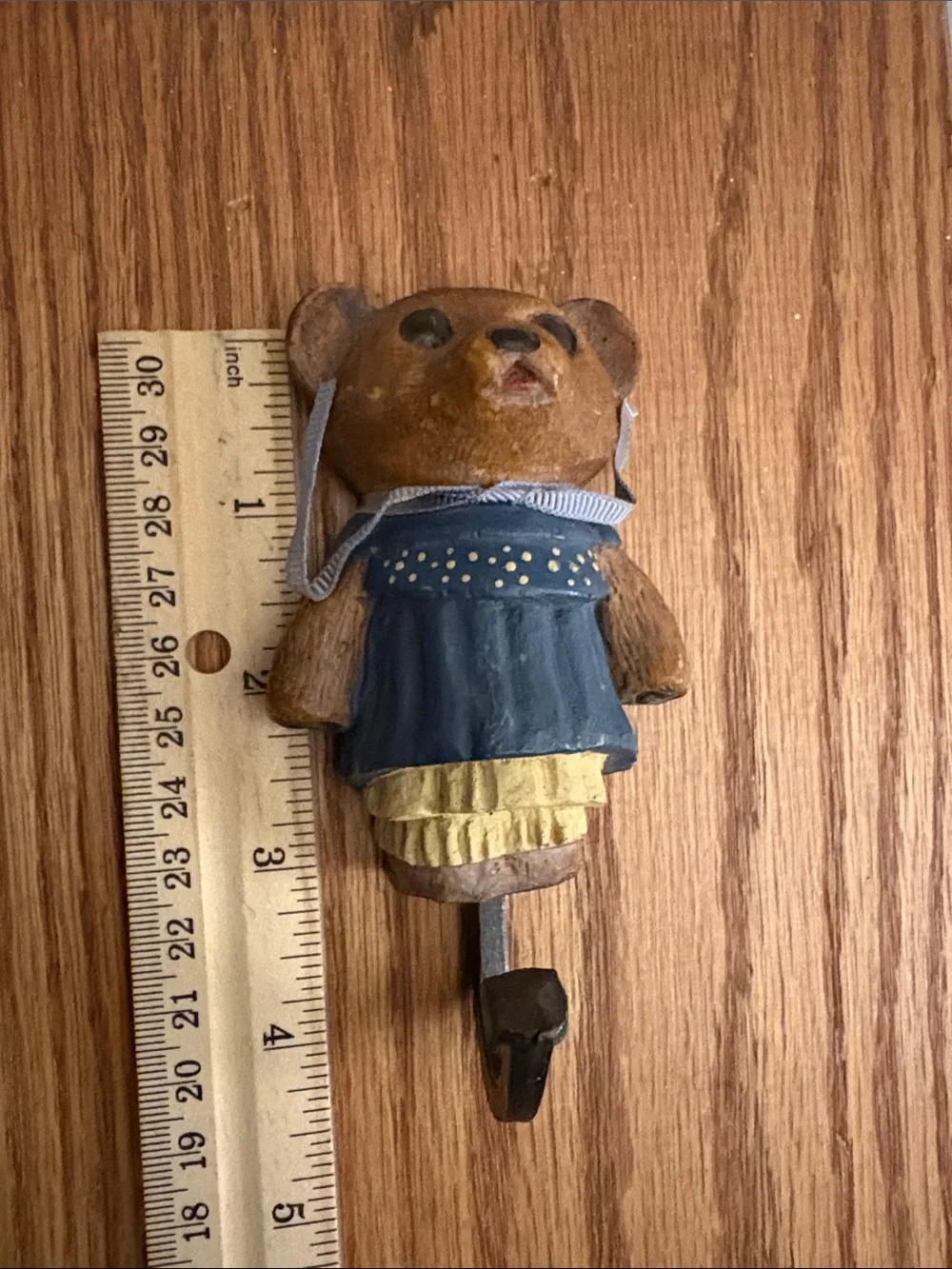 Vintage wooden Handcrafted Bear Figurine in Brown and Navy Dress Wall Hook